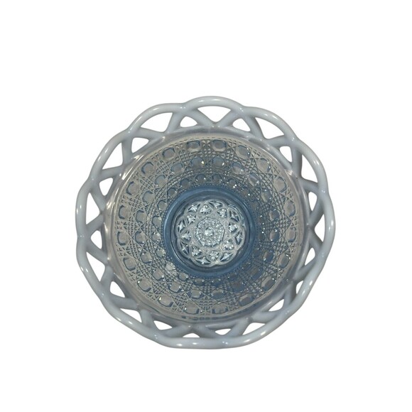 VTG Imperial Glass Basket Bowl Lacy Edge Blue Opalescent Trim Dish 1930's MCM - Picture 5 of 16